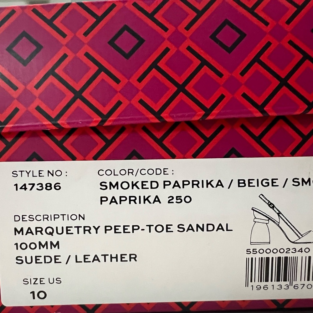 Tory Burch Leather & Suede Marquetry Peep-toe sandal - Red, Mint & Tan Heels - Picture 7 of 7